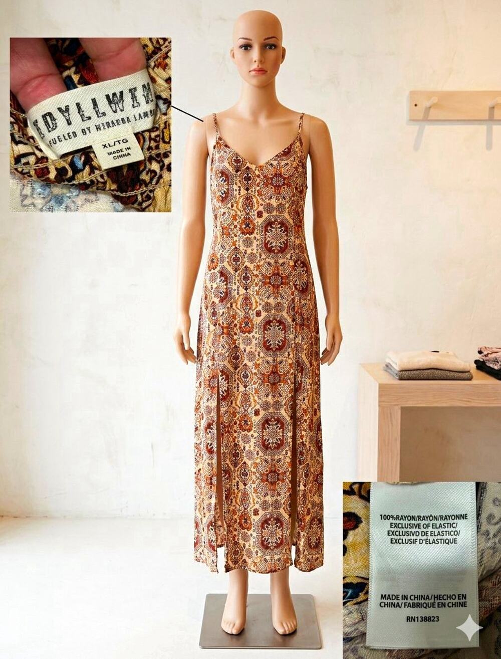 Idyllwind Paisley Rayon Slip Midi Dress V-Neck Spaghetti Strap XL
